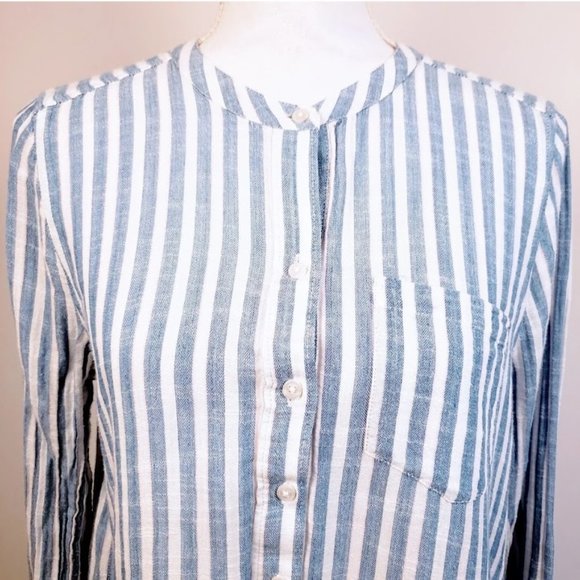 LUCKY BRAND Button Down Top, Blue White Linen Striped Long Sleeve Casual Boho, S - Picture 6 of 12